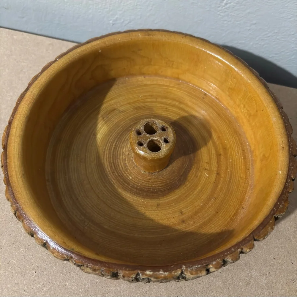 Vintage MCM Rustic Bark Live Edge Wooden Nut Bowl Set Picks Handcrafted